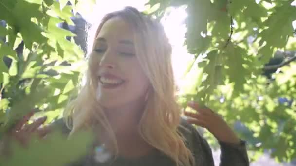 Kobieta uśmiecha się do słonecznych drzew w parku. Pozytywna dziewczyna. Słoneczne liście. Letni krajobraz przyrody — Wideo stockowe