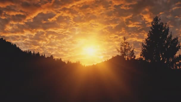 Tramonto d'oro sulla silhouette aerea montagna. Luce del sole sopra la pineta monte. Colline scure e cielo — Video Stock