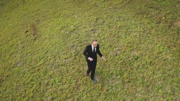 นักธุรกิจพักผ่อนหย่อนใจที่หุบเขาหญ้าสีเขียวด้านบนลงทางอากาศ นักท่องเที่ยวที่ภูมิทัศน์ธรรมชาติสีเขียว — วีดีโอสต็อก
