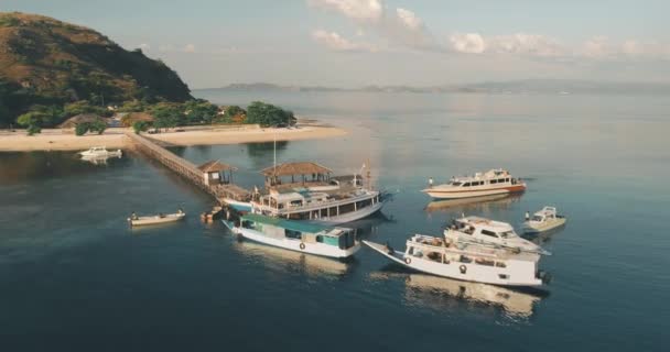 Seehafen auf der Ferieninsel aus der Luft. Hafen an der Küste des Ozeans. Angedockte Schiffe, Yachten. Schifffahrt — Stockvideo