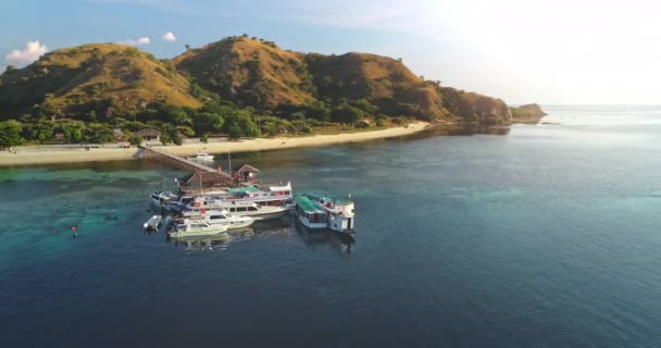 Navires au quai aérien. Île au soleil océan côte. Quai de paquebot de croisière à la baie maritime. Plage de sable. Paysage marin — Video