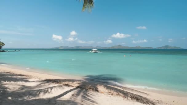 Tropická plážová krajina. Cestovní ruch otevřené hranice pro dovolenou cestování. Palma strom bílá pláž čistá voda — Stock video