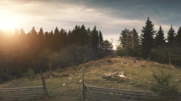 พระอาทิตย์ตกดินทางอากาศในหุบเขาป่าภูเขา Carpathians ภูเขาที่มีต้นสน ทุ่งหญ้าปิกนิก — วีดีโอสต็อก