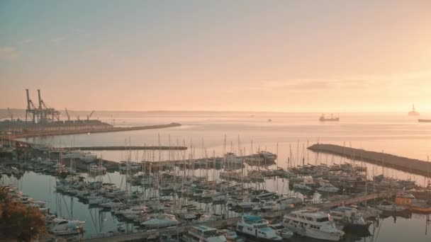 Rosa puesta del sol marina yate vista aérea del puerto. Alto vuelo sobre muelle del puerto del barco de lujo, cielo brillante — Vídeos de Stock