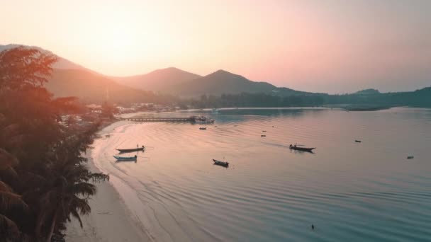 Atardecer aéreo en la hermosa playa de arena con palmeras retroiluminadas. Barcos por la noche en el mar cerca de la costa. — Vídeo de stock