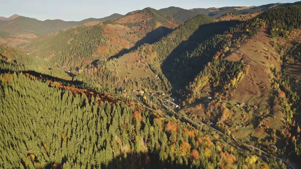 Sol verde otoño, árboles amarillos en las cimas de las montañas. Aire nadie naturaleza paisaje en el campo —  Fotos de Stock