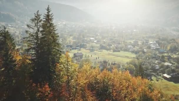 Napfény a fákon és a házakon. Falu mezőkkel a hegyekben, antenna. Őszi sárga lombozat — Stock videók