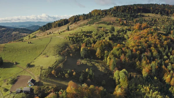 Pueblo de montaña en la parte superior aérea. Otoño nadie naturaleza paisaje. Árboles verdes, hierba en las cabañas —  Fotos de Stock