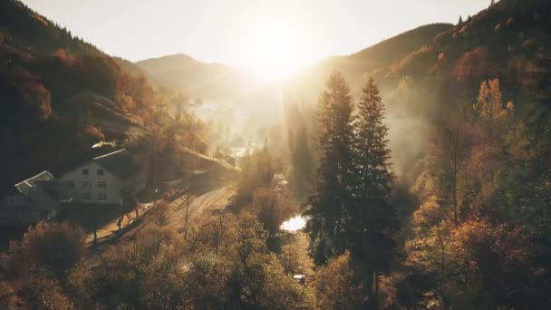 Widok z lotu ptaka słońce świeci na leśny dom w górach. mgła wśród wysokich jesiennych drzew. Hotel na odludziu. — Wideo stockowe