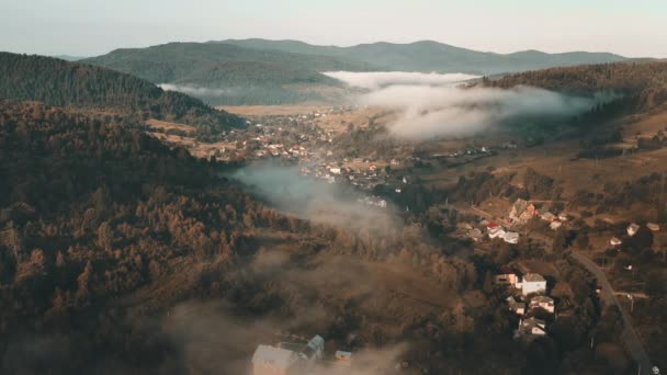 Luchtfoto dorp in het bos, mist in de bergen. Landelijke moderne huizen. Buitenzomers toerisme. — Stockvideo