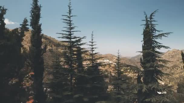 Panorama sparren bomen en dorp in rotsachtige bergen, antenne. Blauwe lucht boven zanderige hellingen. — Stockvideo