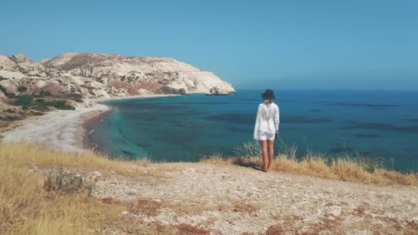 Mulher viajante olha para pedra Afrodite, vista de trás. Hipster contempla lagoa azul. Costa — Vídeo de Stock