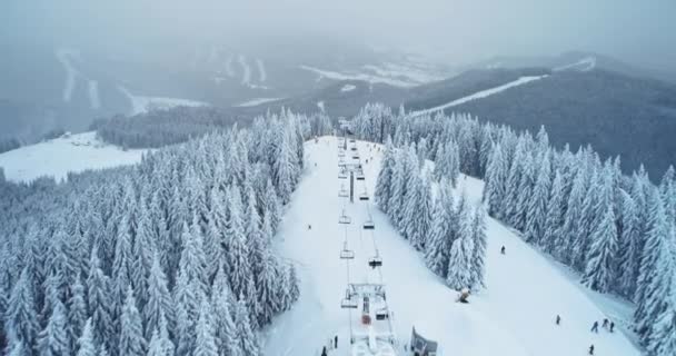 冬の空中スキーは山からスキーリフトを下ります。白い雪の中の森、スローモーション. — ストック動画