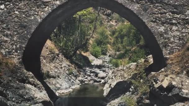 Αρχαία πέτρινη παλιά γέφυρα στο άγριο ιστορικό μεσαιωνικό πάρκο σε περιοδεία εκδρομή στην Ευρώπη — Αρχείο Βίντεο