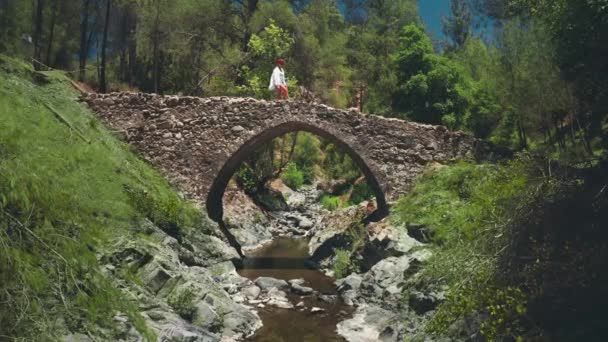Touristin auf einer alten Steinbrücke im historischen Nationalpark. Reisebloggerin — Stockvideo