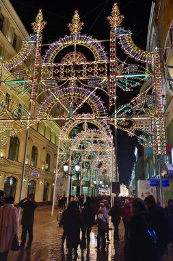 Moskova kış sokak ve Noel dekorasyonu, Rusya Federasyonu