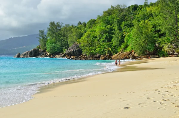 Praia de areia tropical nas ilhas Seychelles — Fotografia de Stock