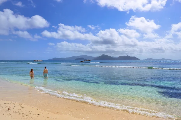 Gránit sziklás strandok, a Seychelle-szigetek, La Digue, Anse Seve Stock Kép