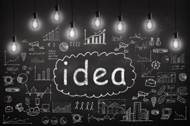 İş konsepti - kelime 'fikir', şema ve grafiklerle çizim tahtasında