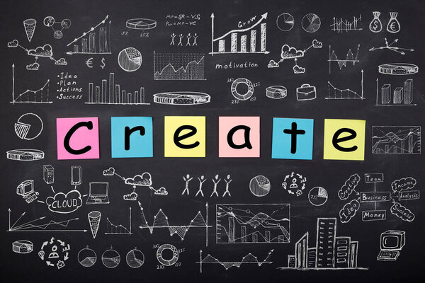 Business concept - word ' Create', sketch with schemes and graphs on chalkboard