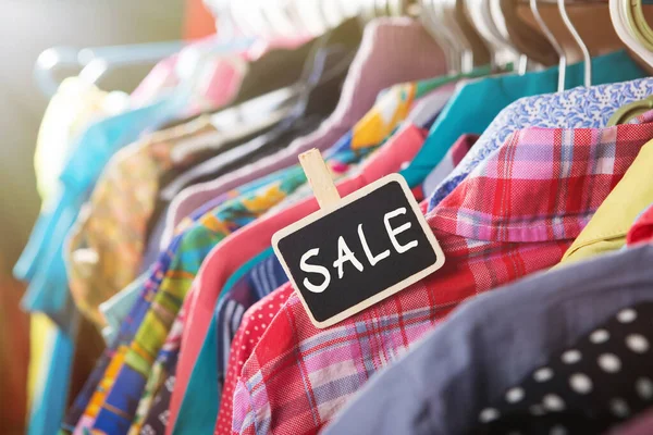 Sale Label Clothes Hanging Rack Fashion Store — Stock Photo, Image