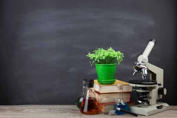 Eğitim Konsepti Oditoryumdaki Masanın Üzerinde Kitaplar Mikroskop — Stok fotoğraf