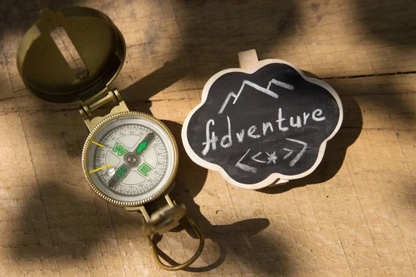 Plan Your Adventure Concept Adventure Written Small Sign Compass Outdoors — Stock Photo, Image