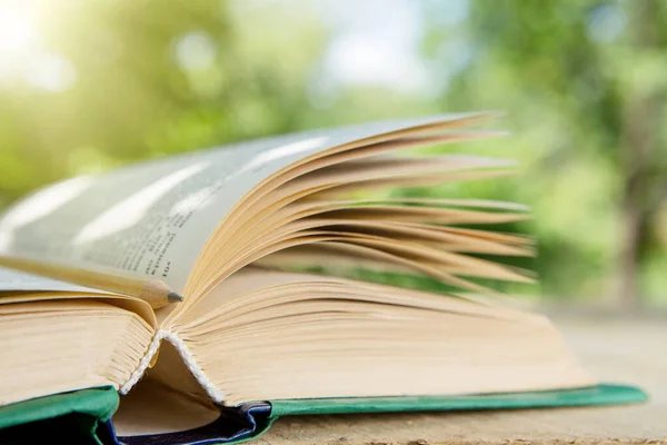 Livro Aberto Uma Mesa Madeira Jardim Dia Ensolarado Verão Lendo — Fotografia de Stock