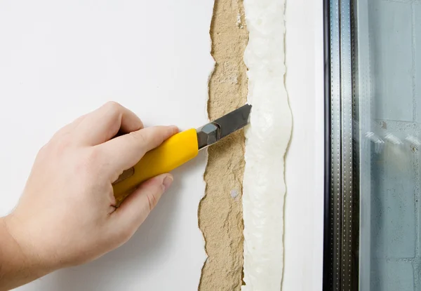 Installation of new window, trim foam — Stock Photo, Image