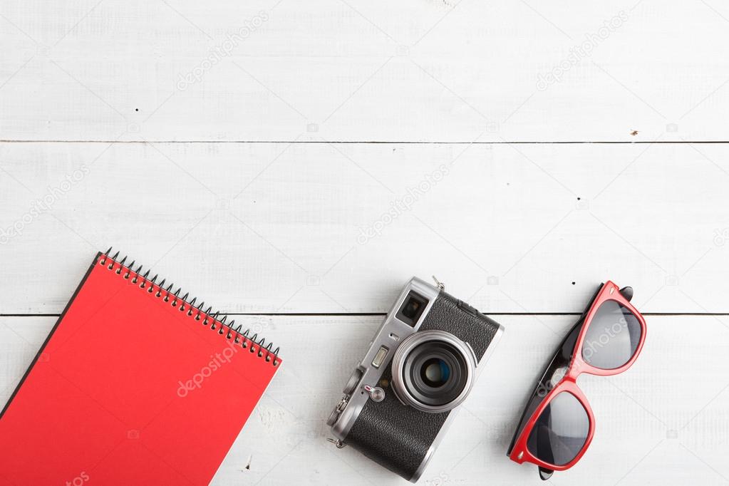 set of cool stuff on wooden background