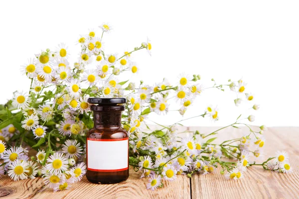Herbal medicine concept - bottle with camomile on wooden table — Stock Photo, Image