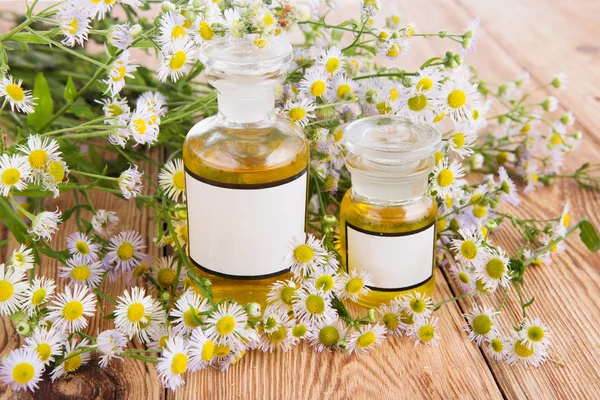 Concepto de medicina herbal - frasco con manzanilla sobre mesa de madera —  Fotos de Stock