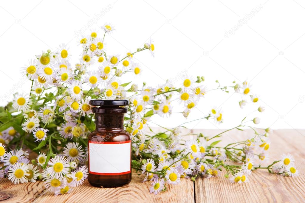 Herbal medicine concept - bottle with camomile on wooden table