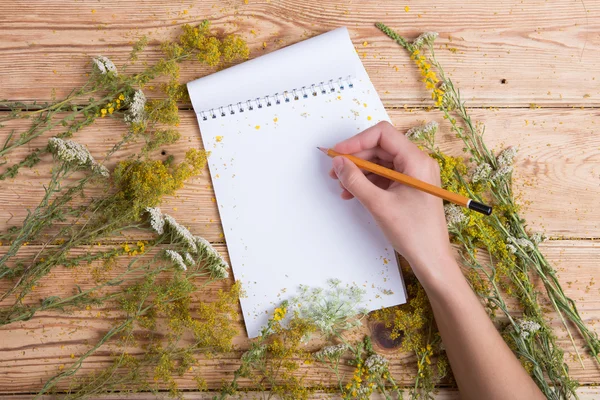 Scrivere a mano una ricetta in blocco note su tavolo di legno, erbe intorno — Foto Stock