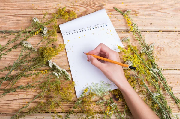 Scrivere a mano una ricetta in blocco note su tavolo di legno, erbe intorno — Foto Stock