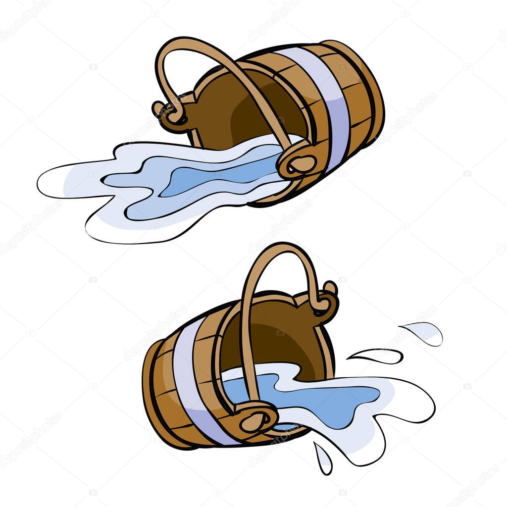 set of two wooden buckets that fell and splashed out of them water, cartoon illustration, isolated object on white background, vector, eps