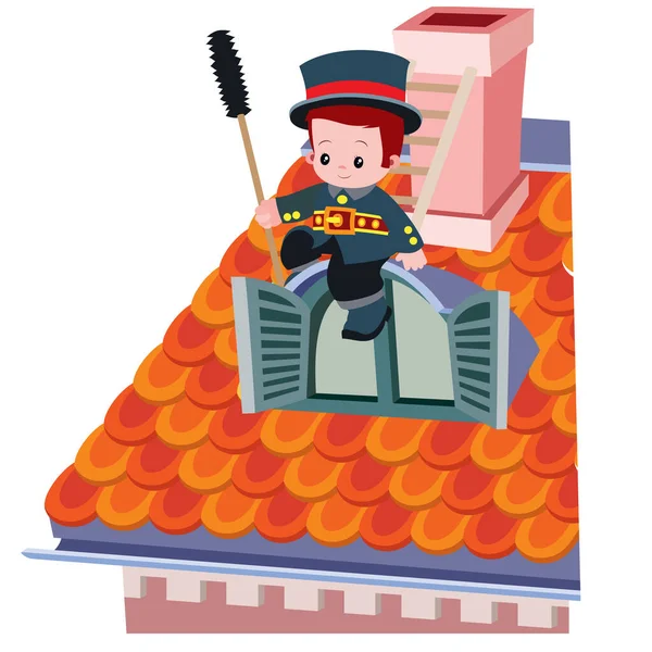 可爱的烟囱扫荡坐在红色瓷砖屋顶上 卡通画 白色背景上的孤立物体 — 图库矢量图片