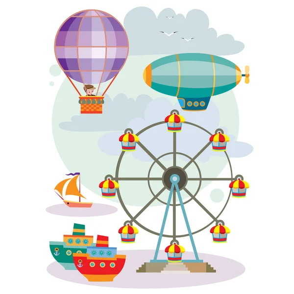 Parc Attractions Avec Roue Ferris Montgolfière Aérostat Bateaux Dessin Animé — Image vectorielle