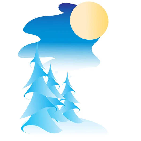 Dekorativní Zimní Krajina Jedlemi Měsícem Modrých Tónech Izolovaný Objekt Bílém — Stockový vektor