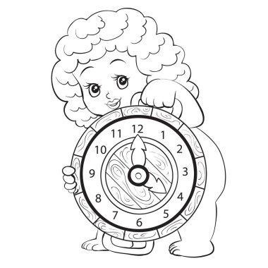 sketch cartoon illustration, decorative clock girl character, coloring book, isolated object on white background, vector, eps