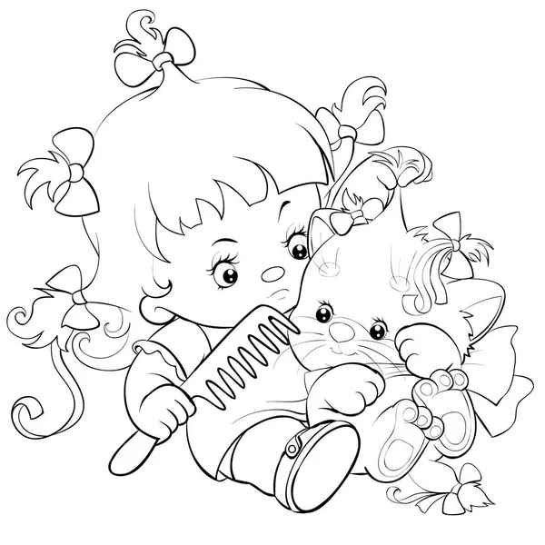 Sketch Illustration Cartoon Girl Combing Cat Tying Bows Him Coloring — 스톡 벡터