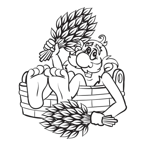 Эскиз Карикатуры Старый Дед Пару Тазике Двумя Березовыми Метлами Раскраска — стоковый вектор