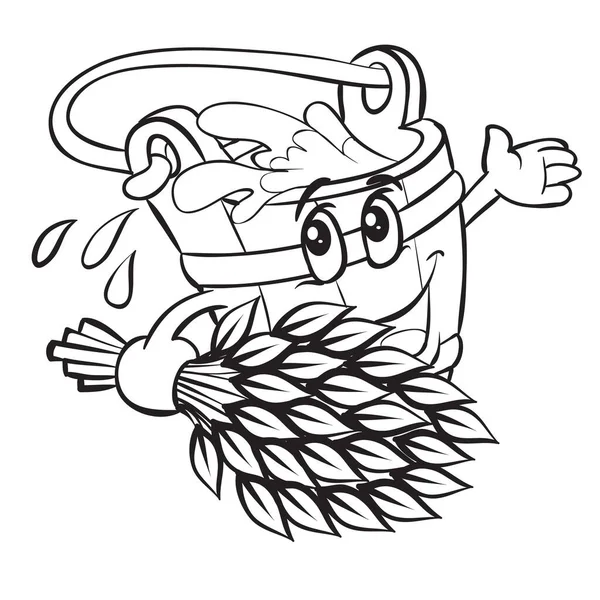 Sketch Cartoon Character Bucket Water Broom Hands Coloring Book Isolated — Vetor de Stock
