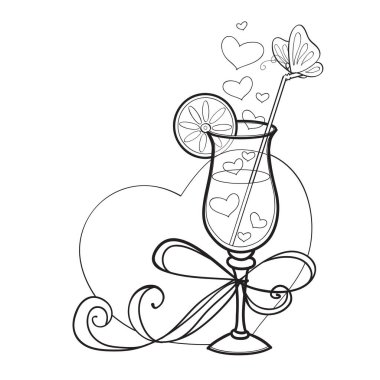 Kalbin arka planında limon ve kelebek olan şampanya kadehlerinin taslağı, beyaz arka planda izole edilmiş nesne, vektör illüstrasyonu,