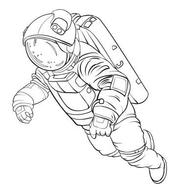 skeç, açık alanda astronot, boyama kitabı, karikatür çizimi, beyaz arkaplandaki izole nesne, vektör illüstrasyonu,