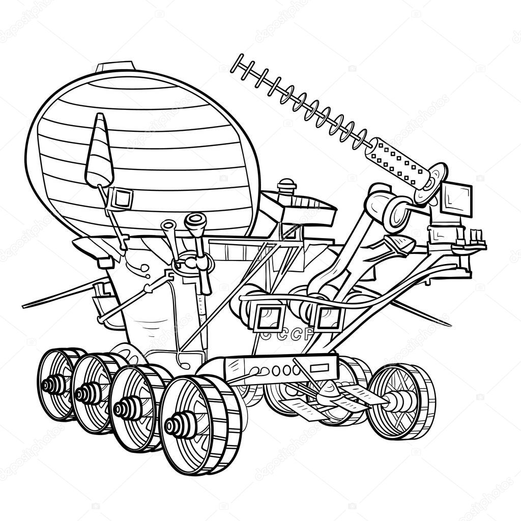 sketch, lunar rover, coloring book, cartoon illustration, isolated object on white background, vector illustration, eps
