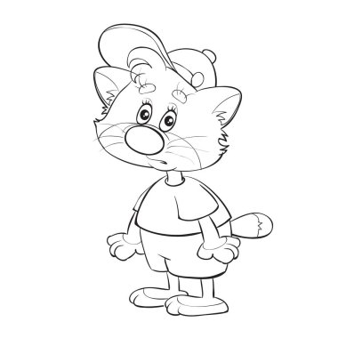 Beyaz arkaplanda kep ve şortlu bir kedi yavrusu çizimi, renkli, izole edilmiş bir nesne, vektör çizimi, karikatür çizimi,