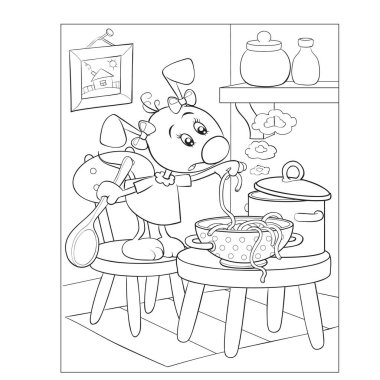 Boyama kitabı, mutfakta köpek karakteri çorbası, beyaz arka planda izole nesne, vektör illüstrasyonu, karikatür illüstrasyonu,