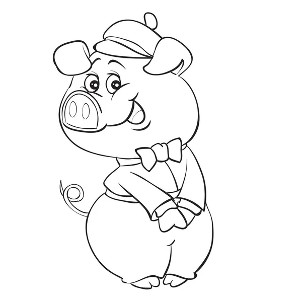 Sketch Character Pig Beret Bow Coloring Isolated Object White Background — ストックベクタ