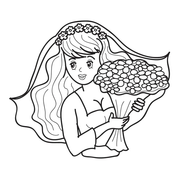 Sketch Bride Veil Bouquet Flowers Her Hands Cartoon Illustration Coloring — Stock Vector